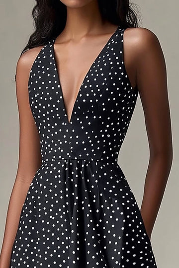 Black and White Deep V-Neck Chiffon A Line Short Polka Dot Dress